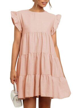 Women's Pink Casual Ruffle Sleeve Round Neck Solid Loose Fit Shift Mini Dress